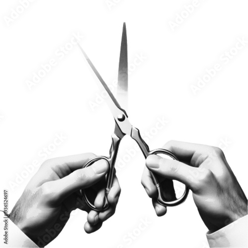 Halftone dotted illustration of hands holding hairdressing scissors. Monochrome barber or hairdresser tool isolated on light background, haircut and beauty salon concept.