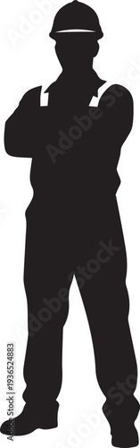 Confident construction worker with arms crossed vector silhouette illustration line art set