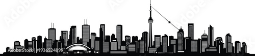 Black and white silhouette of a city skyline with iconic buildings and a plane urban cityscape
