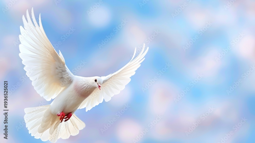 Obraz premium Majestic White Bird in Flight Against Soft Blue and Pink Background Capturing Freedom and Gracefulness