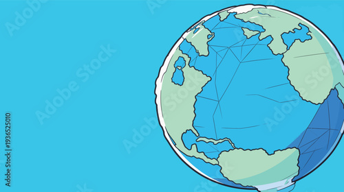 A cartoon globe displays North America and parts of Europe with simple shapes on a blue background. This design is suitable for learning purposes.