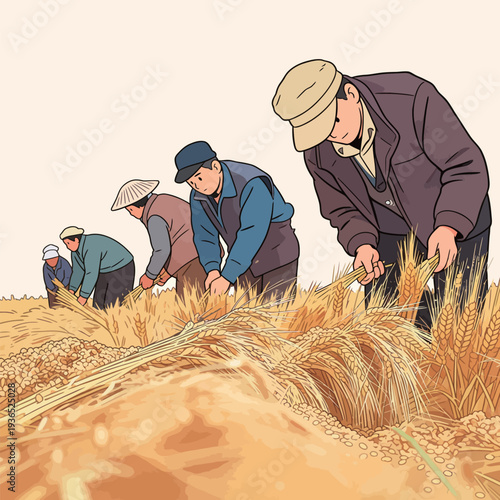 Workers gather ripe wheat in a field. They use tools to cut and collect the crop under clear skies.