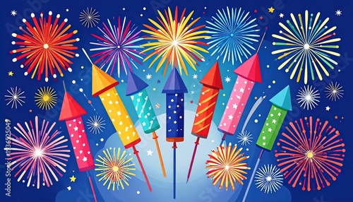 Colorful illustration of festive fireworks bursting in the dark night sky