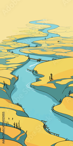 A river winds through a yellow area with sparse trees and distant bridges. The sky is clear and the scene shows natural beauty.