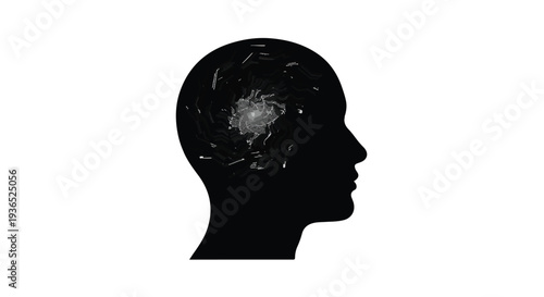 Silhouette of a human head with a swirling galaxy inside, representing thoughts and imagination.