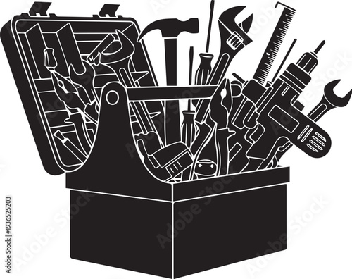 Toolbox full of various hand tools, hammer, wrench, screwdriver, drill, pliers, illustration, vector