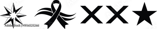 Collection Of Black Graphic Symbols Star Ribbon Roman Numerals X white background