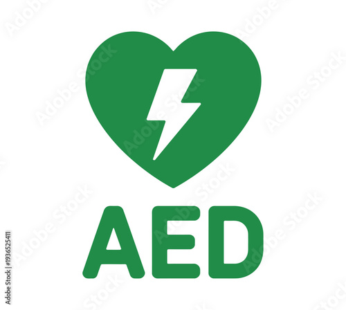 An Automated External Defibrillator AED device logo with a green heart and lightning bolt symbol on a white background