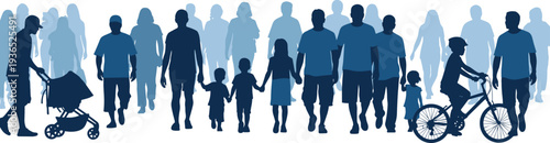 Crowd of Blue Silhouettes of People Walking and Cycling figures