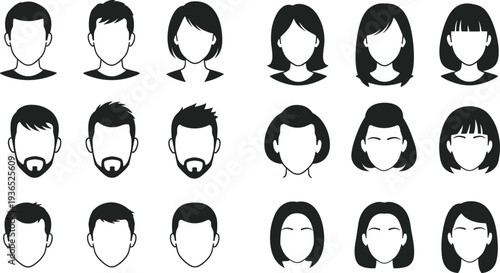 Diverse Collection of Stylized Human Face Icons with Various Hairstyles and Beards avatar head