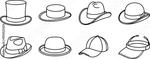 Hat outline icon set featuring classic headwear styles including top hat fedora cap visor and casual fashion line art collection
