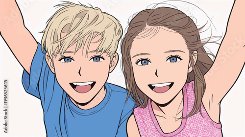 Two young friends are smiling widely and posing together for a selfie. They look happy in a bright setting.