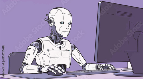 A robot sits at a desk in front of a computer screen. The room is decorated with a purple backdrop.
