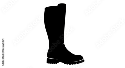 Black knee high rubber boot.