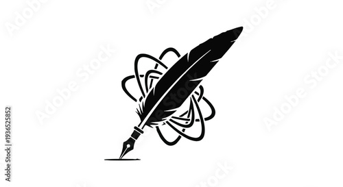 Elegant quill pen drawing a circular atomic symbol, representing science and writing
