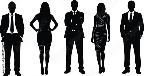 Five Business Professionals Silhouetted Standing in Formal Attire Keywords: silhouette, business, professionals, men, women