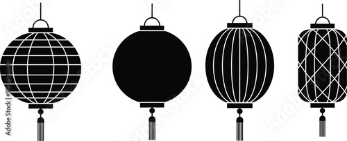 Four black silhouette icons of decorative lanterns with tassels lamp light