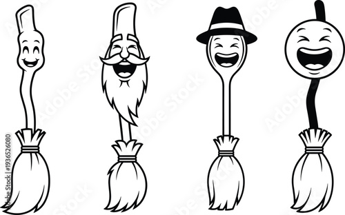 Four Cartoon Brooms with Happy Faces and Different Expressions witch magic