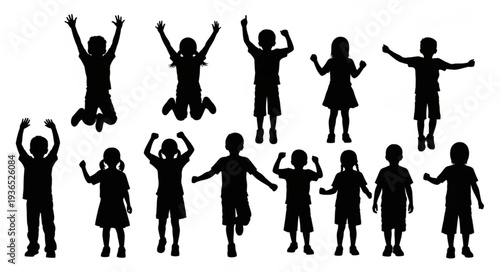 Silhouettes of Happy Children Playing.