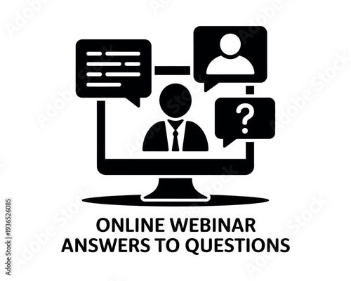 A graphic illustration of an online webinar with a presenter and chat bubbles, representing answers to questions.