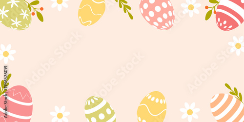 Easter background with decorated eggs and spring flowers.