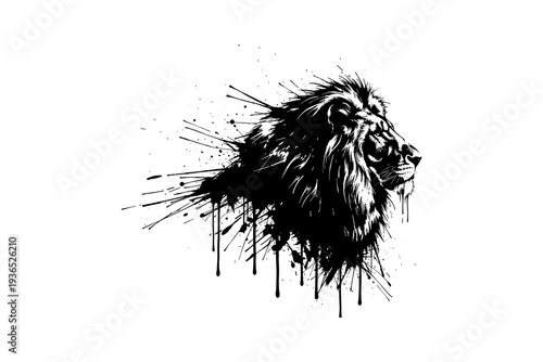 Bold lion portrait with artistic ink splatter on white background