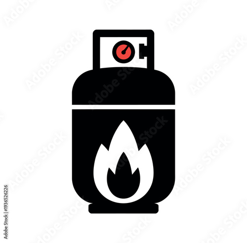 A black and white icon of a gas cylinder with a flame and gauge on a white background
