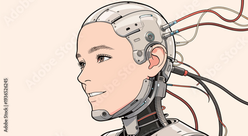 A robot head with a smooth surface and wires connected to its scalp shows a friendly expression. The setting has a plain backdrop.