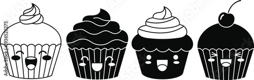 Four Kawaii Cupcakes with Happy Faces and Different Expressions dessert sweet