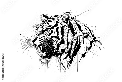 Fierce roaring tiger in ink splash art style on white background