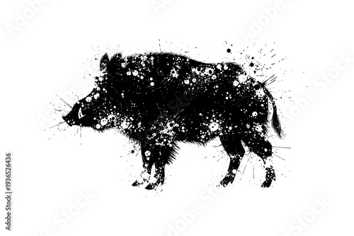 Splatter art boar silhouette in black and white with dynamic paint effect