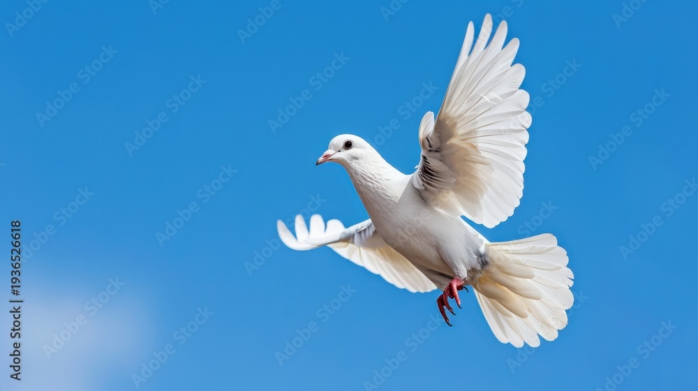 Fototapeta premium Majestic White Dove in Flight Against a Clear Blue Sky with Expansive Wings Spread Wide