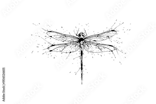 Intricate ink splash dragonfly design with detailed wings and abstract art style