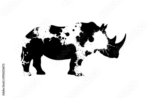 Creative splash ink rhino silhouette on white background