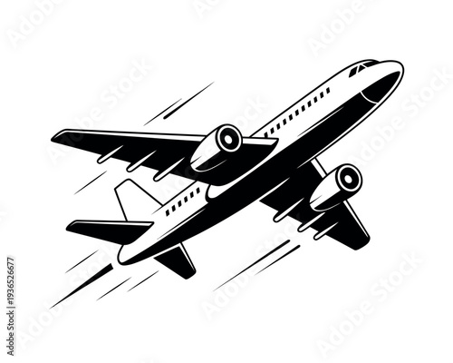 A black and white illustration of an airplane in flight, soaring through the air with motion lines.