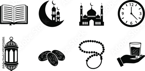Islamic Icons Collection Open Book Crescent Moon Mosque Clock Lantern Dates Prayer Beads Hand Holding Drink