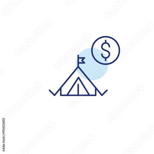 Camping tent and dollar. Adventure budget, travel and tourism costs. Pixel perfect, editable stroke vector icon