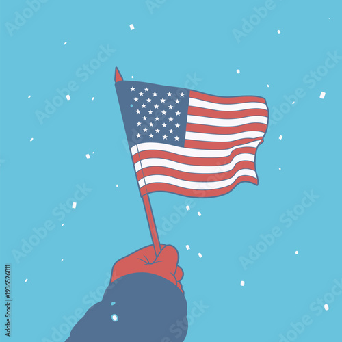 A person holds an American flag while snow falls in the background. The scene shows winter weather and the flag waving gently.