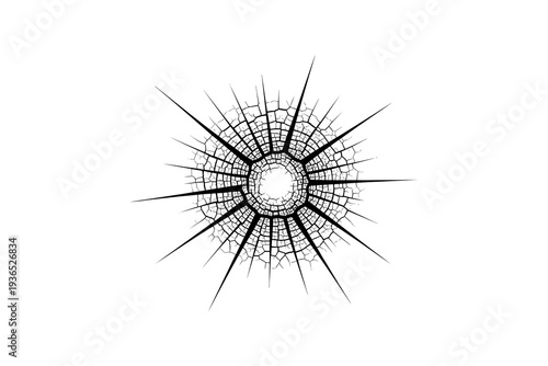Radial cracked glass pattern with sharp spikes on white background