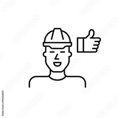 Hard hat man and like. Worker approval, safety satisfaction, construction trust. Pixel perfect, editable stroke vector icon
