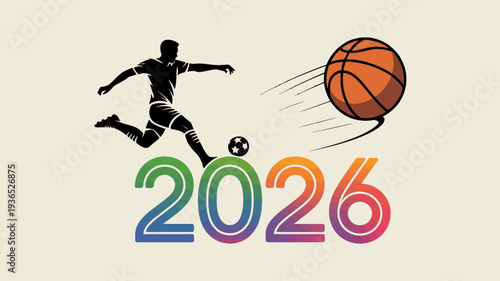 A dynamic illustration showcases a silhouetted basketball player dribbling paired with a basketball and the bold year 2026 in vibrant colors high quality professional detailed modern