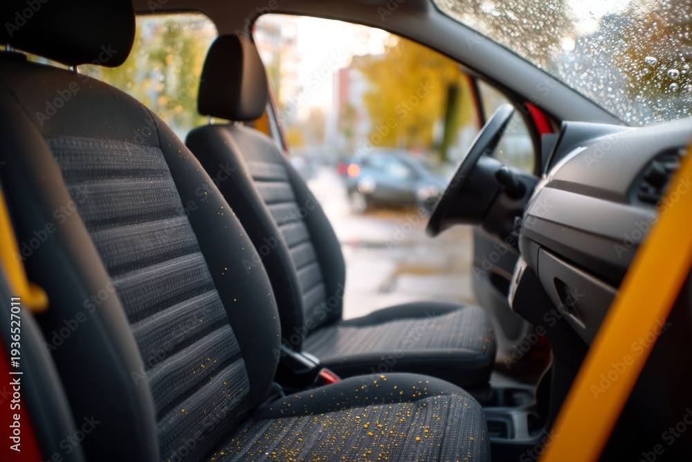 Fototapeta premium Interior of a Car with Grime and Debris on Seats in Neutral Background