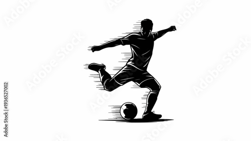 A dynamic silhouette depicts a soccer player in mid kick powerfully striking a ball with focused energy and athletic grace high quality professional detailed modern elegant