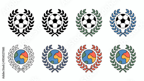 The image displays eight circular emblems four depict soccer balls framed by laurel wreaths and four feature a world globe similarly adorned high quality professional detailed