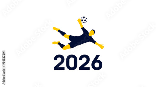 A stylized illustration depicts a soccer goalkeeper diving to save a ball accompanied by the number 2026 below high quality professional detailed modern elegant stylish clean