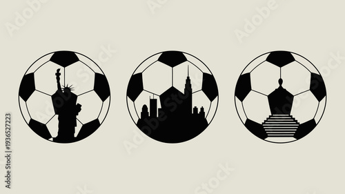 Three soccer balls each silhouetted with iconic landmarks the statue of liberty a city skyline and a staircase high quality professional detailed modern elegant stylish clean