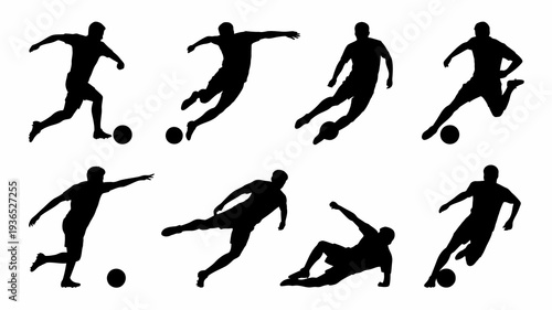 A collection of dynamic silhouettes depicts soccer players in various action poses showcasing movement and athleticism with a ball high quality professional detailed modern elegant stylish