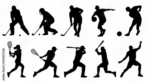 A collection of black silhouettes depicting various athletic figures engaged in diverse sports and dynamic physical activities high quality professional detailed modern elegant stylish clean crisp
