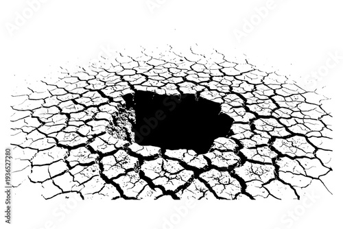 Cracked desert ground with hole in black and white silhouette style