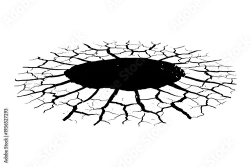 Cracked ground hole silhouette on white background for environmental and geology themes